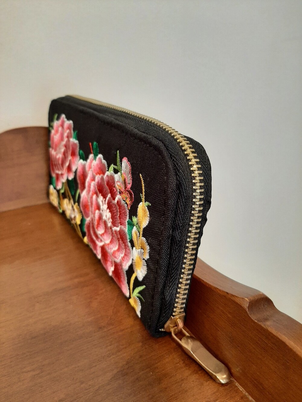 Unique Coquette Embroidered Floral Zip Wallet - Black with Pink Flowers - Picture 2 of 15